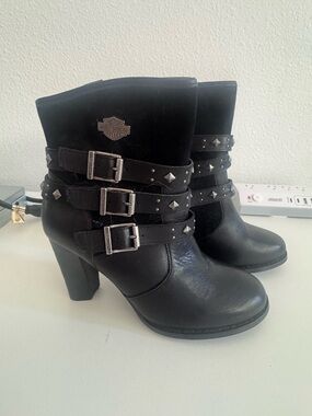 Harley-Davidson Black Studded Triple-Buckle Ankle Boots